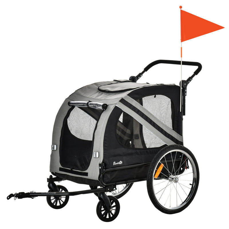 Reboque de Bicicleta para Cães 2 em 1 Transporte para Animais de Estimação com Porta Enrolável Janelas Cinto de Segurança Bandeira e 6 Refletores 134x73x108cm Cinza