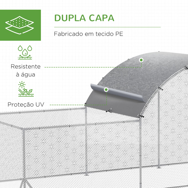 Galinheiro de Exterior de Aço Galvanizado 6,6x9x1,9m Gaiola para 12-14 Galinhas ao Ar Livre com 3 Ambientes Teto com Cobertura de Tecido e Cerca Prata