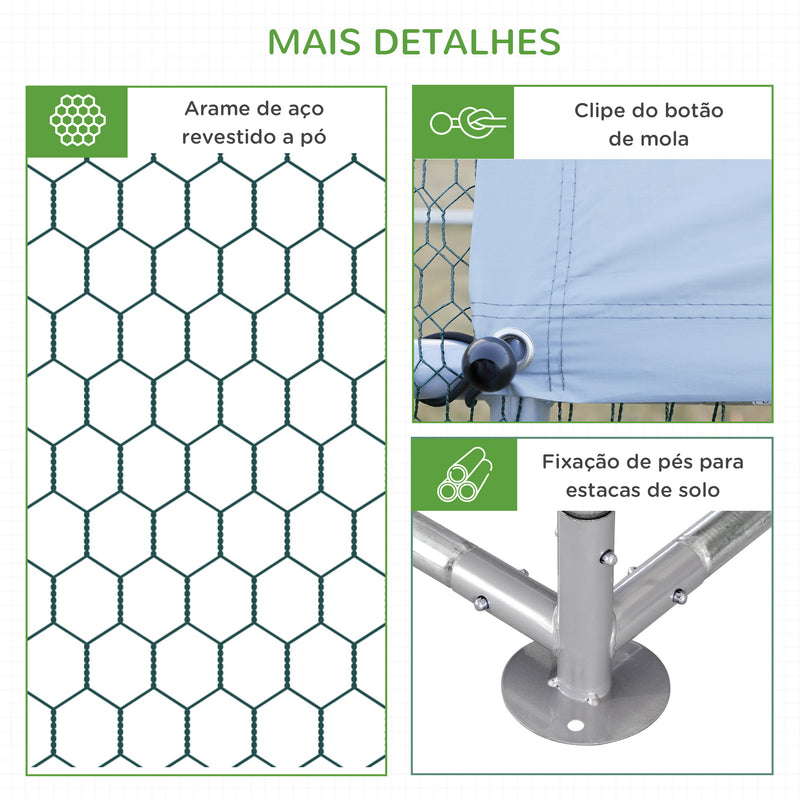 Galinheiro de Exterior de Aço Galvanizado 6,6x9x1,9m Gaiola para 12-14 Galinhas ao Ar Livre com 3 Ambientes Teto com Cobertura de Tecido e Cerca Prata