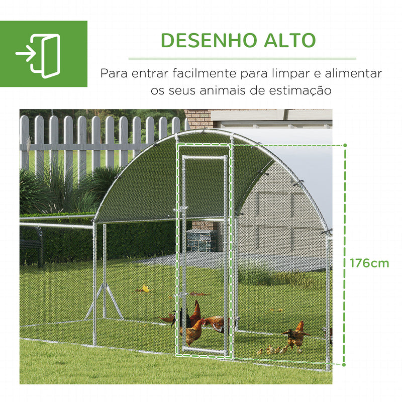 Galinheiro de Exterior de Aço Galvanizado 6,6x9x1,9m Gaiola para 12-14 Galinhas ao Ar Livre com 3 Ambientes Teto com Cobertura de Tecido e Cerca Prata