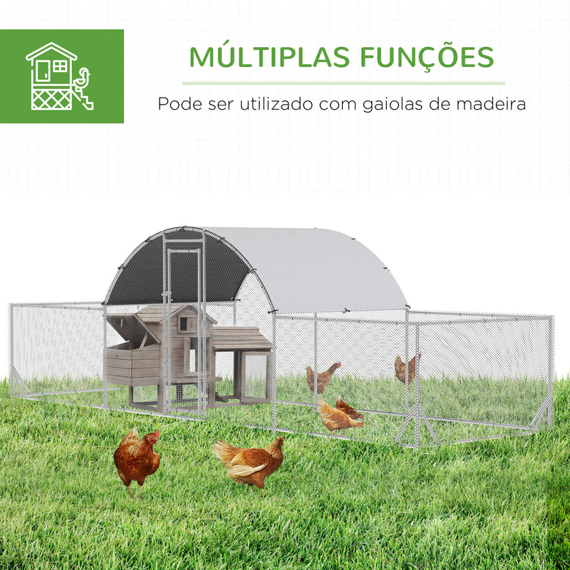 Galinheiro de Exterior de Aço Galvanizado 6,6x9x1,9m Gaiola para 12-14 Galinhas ao Ar Livre com 3 Ambientes Teto com Cobertura de Tecido e Cerca Prata