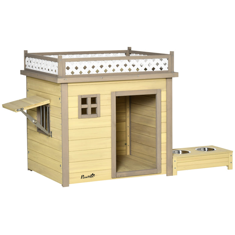 Casa para Cães de Madeira Casa para Cães Pequenos com 2 Janelas 2 Tigelas de Aço Inoxidável e Espaço de Cultivo para Interior e Exterior 105x65x80cm Natural