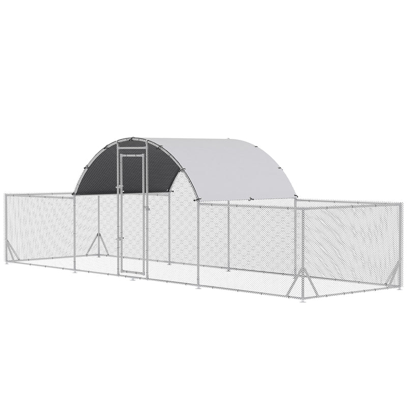 Galinheiro de Exterior de Aço Galvanizado 6,6x9x1,9m Gaiola para 12-14 Galinhas ao Ar Livre com 3 Ambientes Teto com Cobertura de Tecido e Cerca Prata