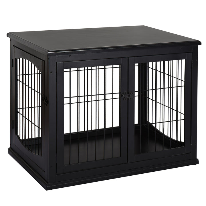 Gaiola para Cães Grande de Madeira com Superfície de Mesa 2 Portas e Grades de Metal 58,5x81x66cm Preto