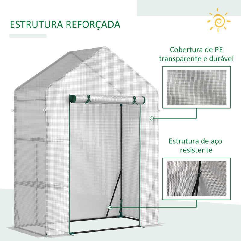 Estufa de Jardim 143x73x195cm Estufa de Aço com 2 Prateleiras e Porta Enrolável para Cultivos de Plantas Vasos de Flores Pátio Exterior Branco