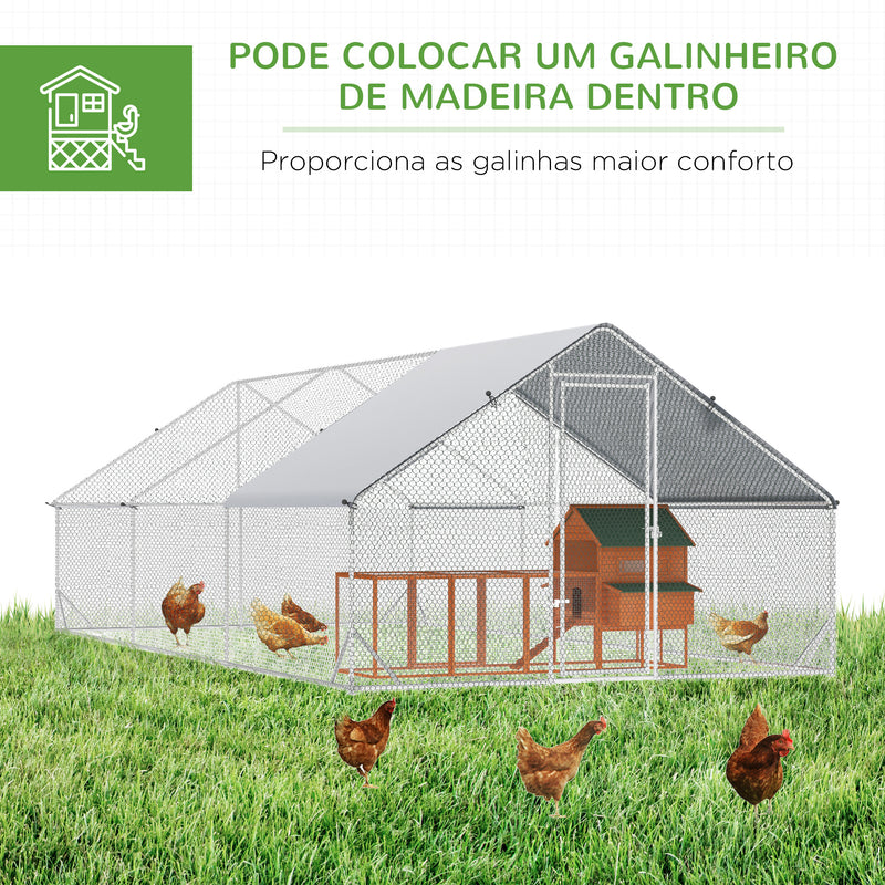 Galinheiro de Exterior Grande 3x6x2m Gaiola para 12-18 Galinhas de Aço Galvanizado com Teto de PE e Fechadura para Coelhos Prata