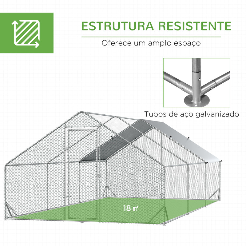 Galinheiro de Exterior Grande 3x6x2m Gaiola para 12-18 Galinhas de Aço Galvanizado com Teto de PE e Fechadura para Coelhos Prata