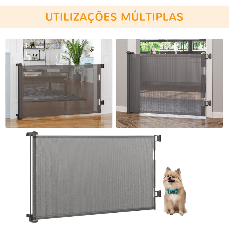 Barreira de Segurança para Cães Extensível 0-150cm Porta de Proteção Retrátil para Animais de Estimação Barreira para Escadas e Corredores Liga de Alumínio 165x10,7x85cm Cinza