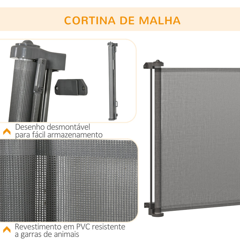 Barreira de Segurança para Cães Extensível 0-150cm Porta de Proteção Retrátil para Animais de Estimação Barreira para Escadas e Corredores Liga de Alumínio 165x10,7x85cm Cinza