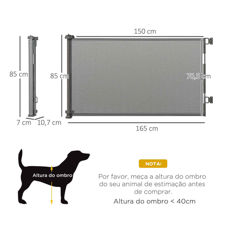 Barreira de Segurança para Cães Extensível 0-150cm Porta de Proteção Retrátil para Animais de Estimação Barreira para Escadas e Corredores Liga de Alumínio 165x10,7x85cm Cinza