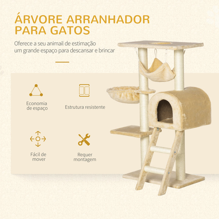 Árvore para Gatos Arranhador com Poste Ninho Cesta Rede Plataforma Casa e Escada de Veludo e Sisal Natural 54x29,5x98 cm Bege
