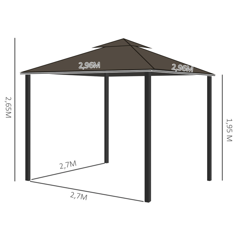 Pérgola de Jardim 296x296x265 cm Pérgola de Alumínio de Exterior com Duplo Teto de Ventilação 4 Cortinas Laterais e 4 Telas Mosquiteiras com Zíper para Festas Eventos Café