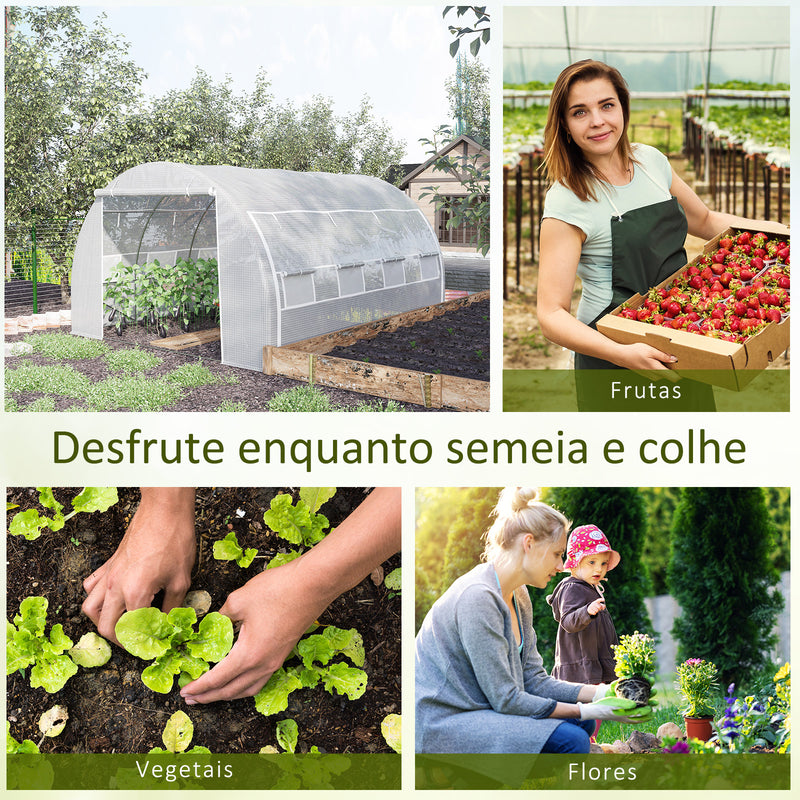 Estufa Tipo Túnel de Jardim 4x3x2m com Porta Enrolável 8 Janelas Cobertura de PE 140g/m² e Metal Galvanizado para Cultivos de Plantas Verduras Branco