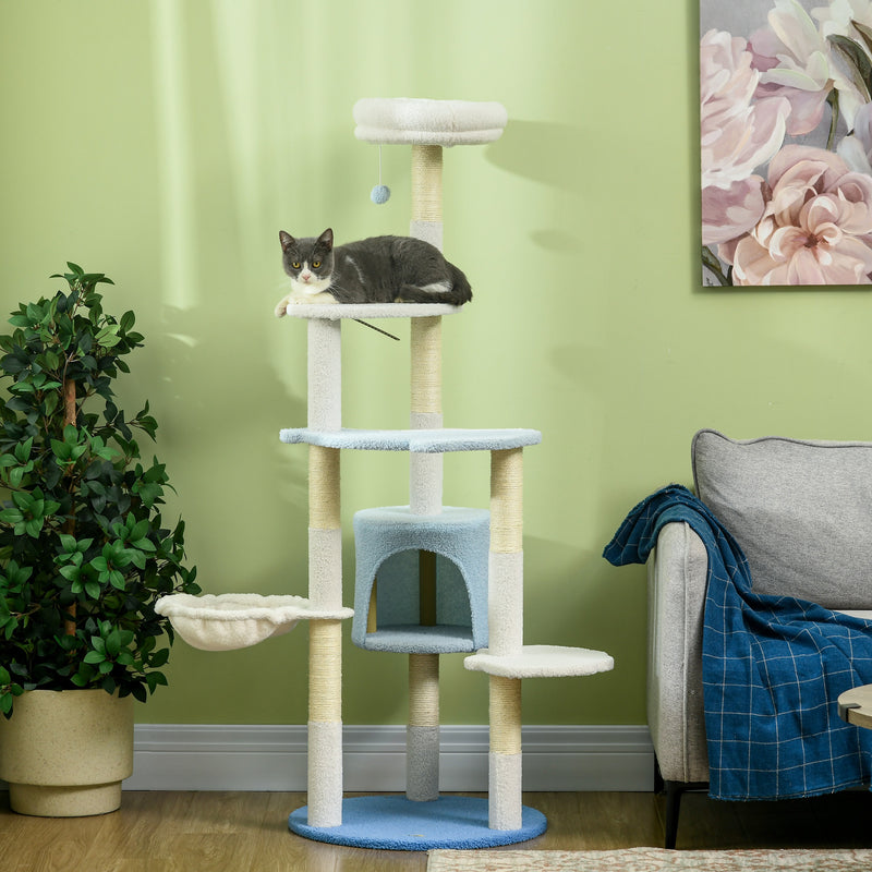 Arranhador para Gatos Grande de 155 cm Torre para Gatos com Postes de Sisal Caverna Cama Rede e Bola de Brinquedo Ø54,5x155 cm Branco e Azul