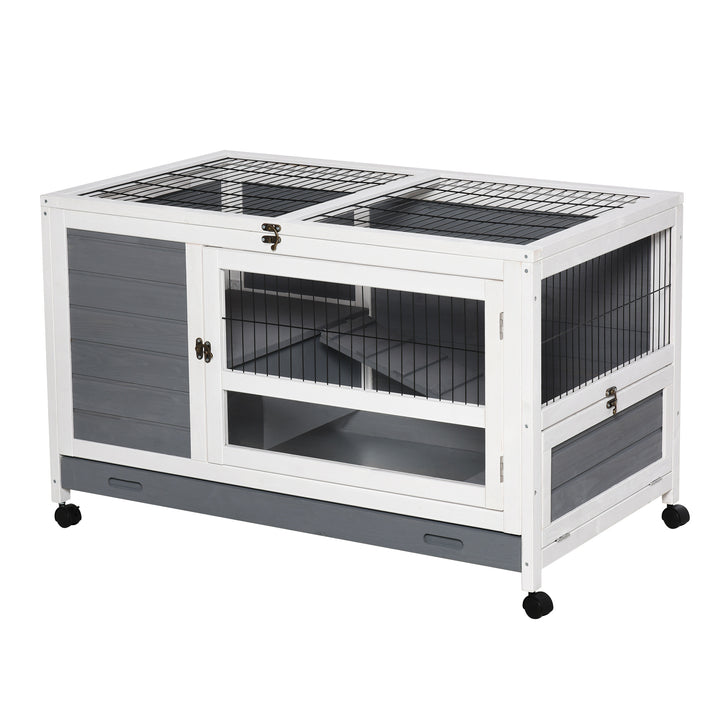 Coelheira de madeira para animais de estimação pequenos 2 andares com rampa rodas bandeja removível 102x60x63,5 cm Cinza branco
