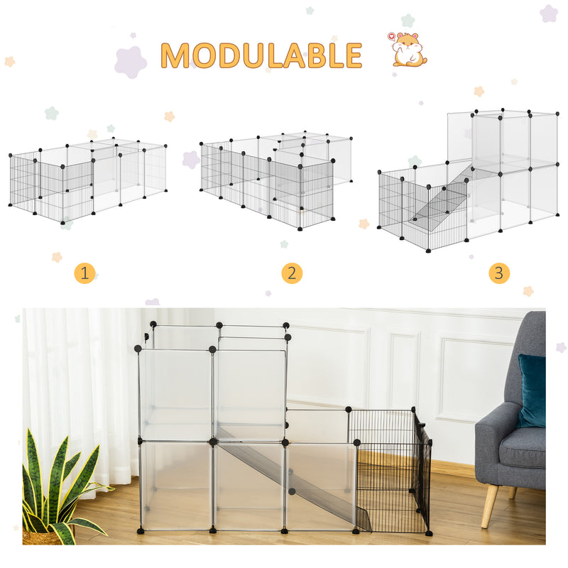 Recinto para Animais de Estimação Pequenos DIY com 21 Painéis de Resina e 6 Painéis de Arame Gaiola Modular de Plástico para Hamsters Cobaias Coelhos 140x70x90cm Transparente e Preto