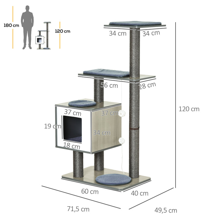 Árvore Arranhadora para Gatos de Madeira 71,5x49,5x120cm Torre para Gatos com Caverna Plataformas Postes Arranhadores de Sisal Almofadas de Pelúcia Suave e Bolas Suspensas Cinza