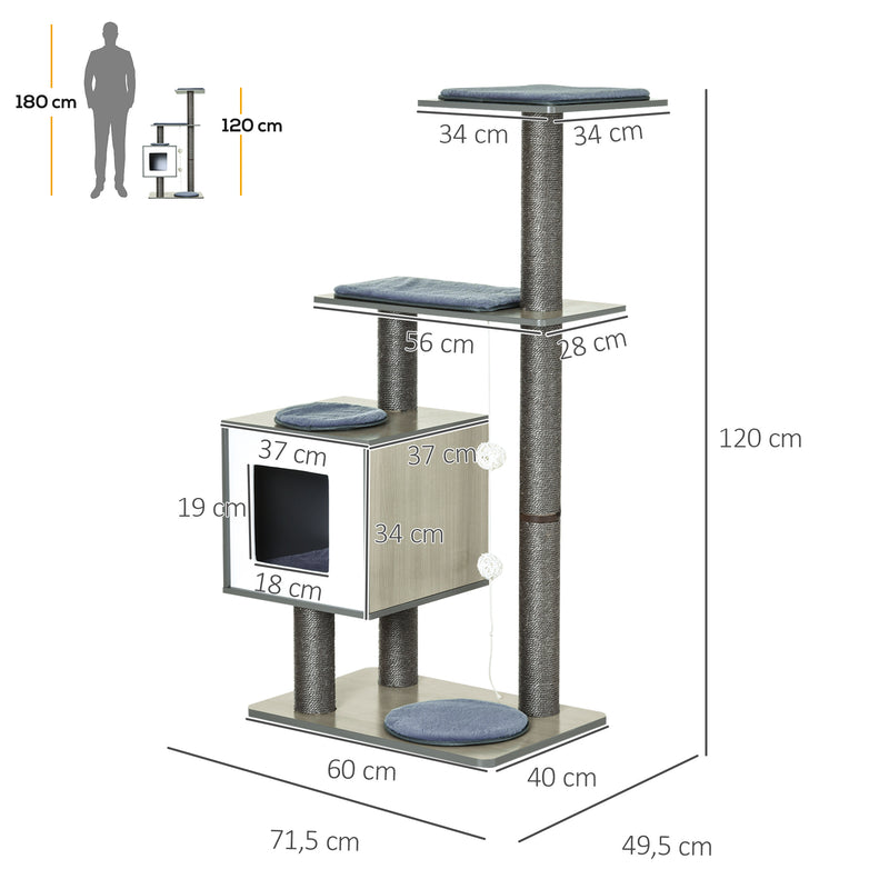 Árvore Arranhadora para Gatos de Madeira 71,5x49,5x120cm Torre para Gatos com Caverna Plataformas Postes Arranhadores de Sisal Almofadas de Pelúcia Suave e Bolas Suspensas Cinza