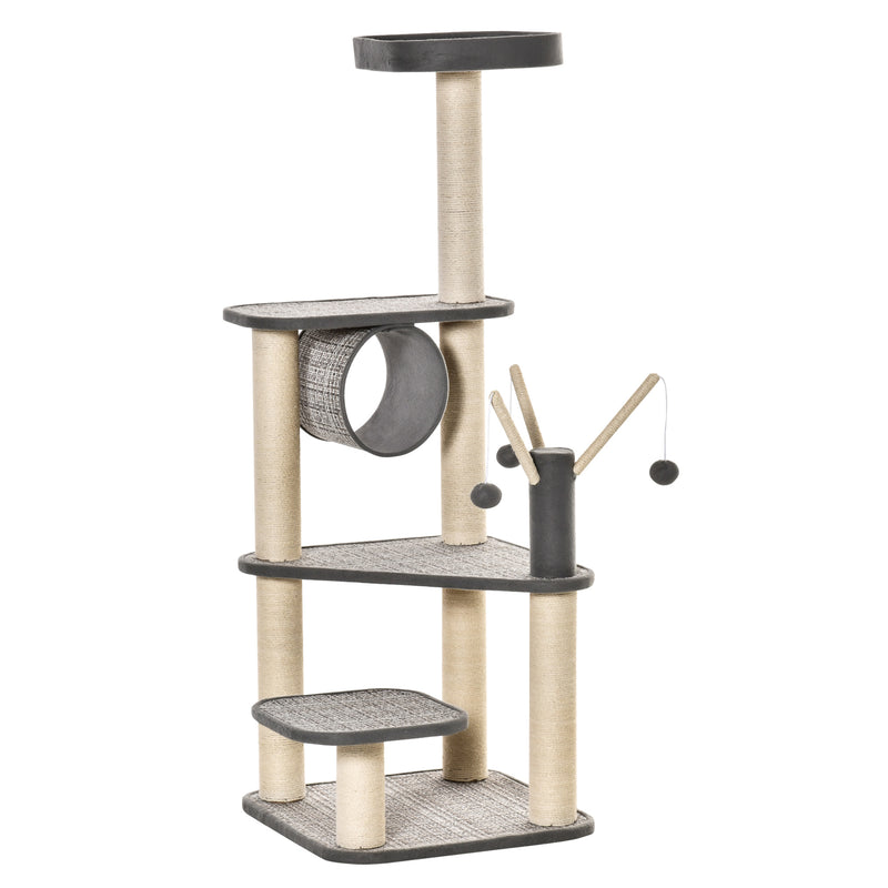 Árvore para Gatos Grande Torre de Escalar com Múltiplas Plataformas Cama Superior Túnel Postes de Arranhar de Sisal Natural e Brinquedos 49x49x130 cm Bege e Cinza