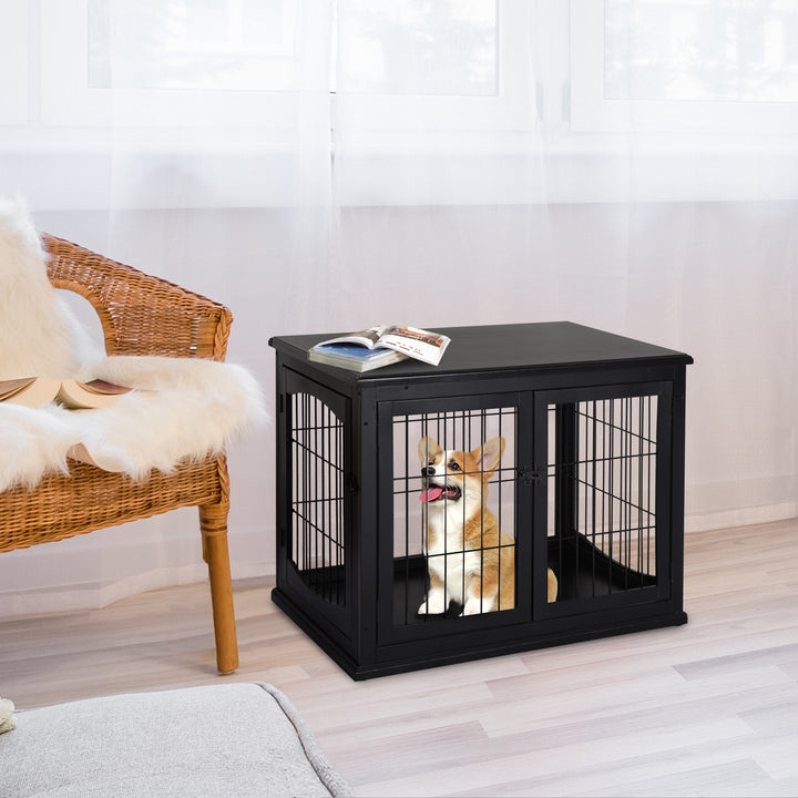 Gaiola para Cães Grande de Madeira com Superfície de Mesa 2 Portas e Grades de Metal 58,5x81x66cm Preto