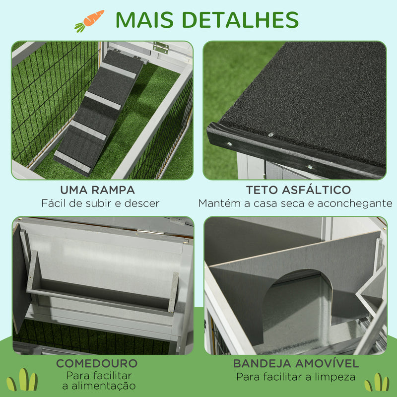 Coelheira Exterior de Madeira 150x52x68 cm Gaiola para 1-2 Coelhos com Teto Asfáltico Abatível Bandeja Amovível e Rampa Cinza