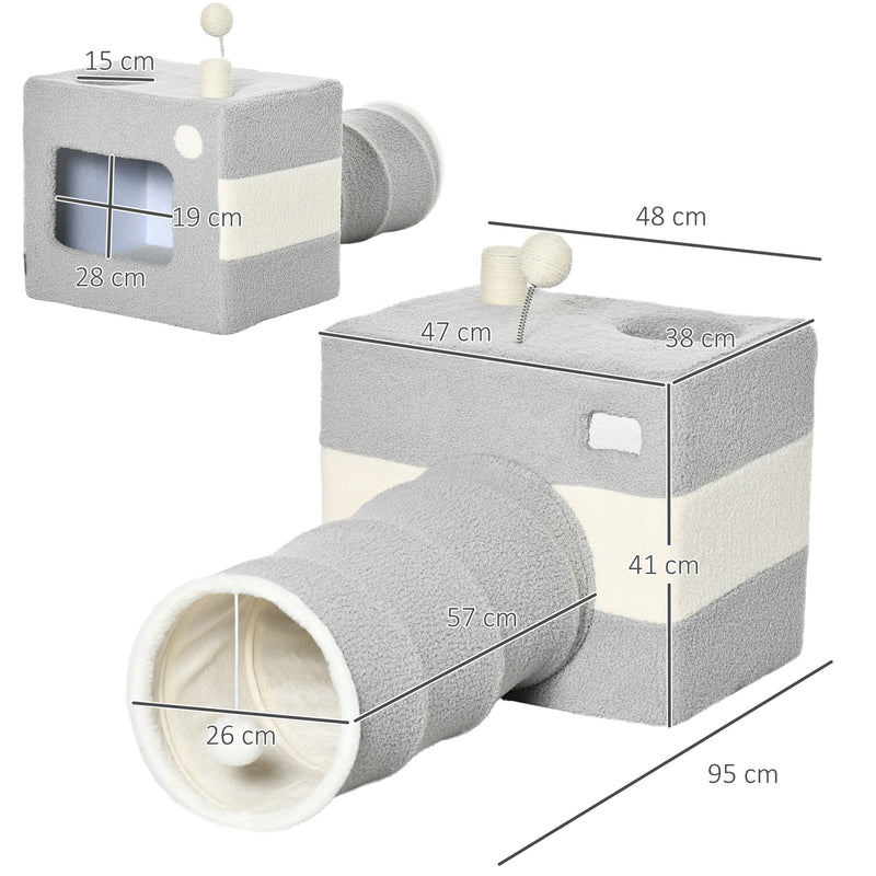 Túnel para Gatos com Caverna Túnel para Animais de Estimação com Orifício Superior Porta Dianteira Poste de Sisal e Bola Suspensa 48x95x58cm Cinza