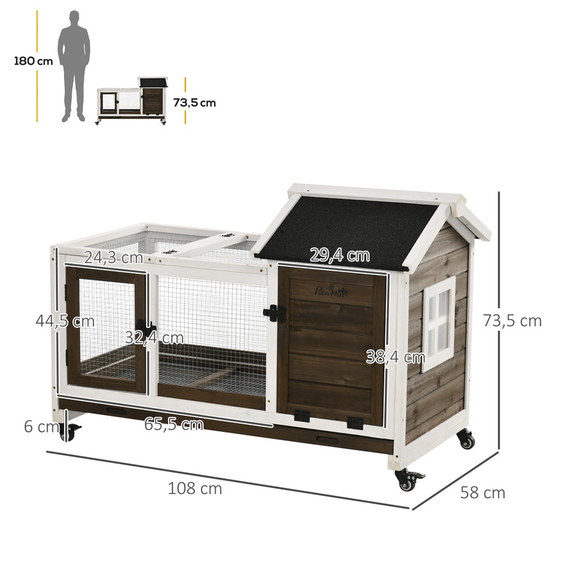 Coelheira de Madeira com Rodas 108x58x73,5cm Gaiola para 1-2 Coelhos com Teto Abatível Cerca Metálica Bandeja Amovível Portas com Trava e Rampa Marrom Café e Branco