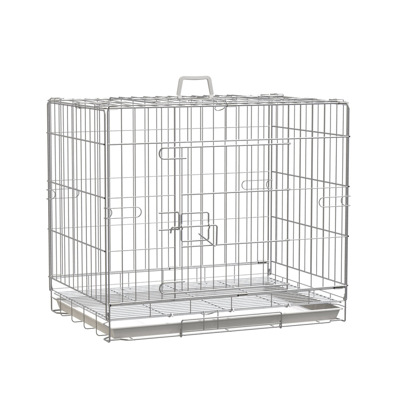 Gaiola Dobrável para Cães Gaiola Metálica 61x43x50cm Gaiola de Metal para Cães com Bandeja Amovível com Travão Prata e Branco