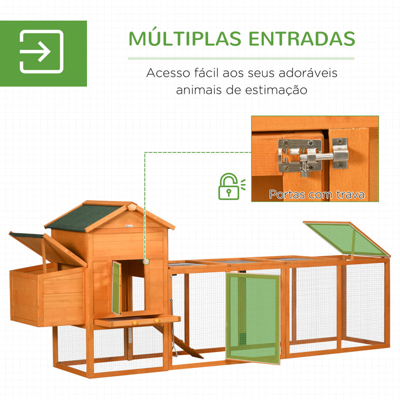 Galinheiro de Madeira 297,5x68x118cm Galinheiro Grande para 3-6 Galinhas com Teto Asfáltico Cercado de Metal Porta com Trava Caixa Ninho Bandeja Amovível e Rampa Madeira