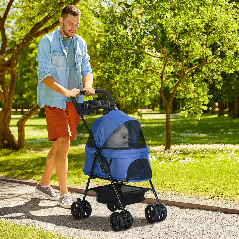 Carrinho dobrável para animais de estimação desmontável para cães de aço Oxford rodas giratórias freios janela 67x45x96 cm azul