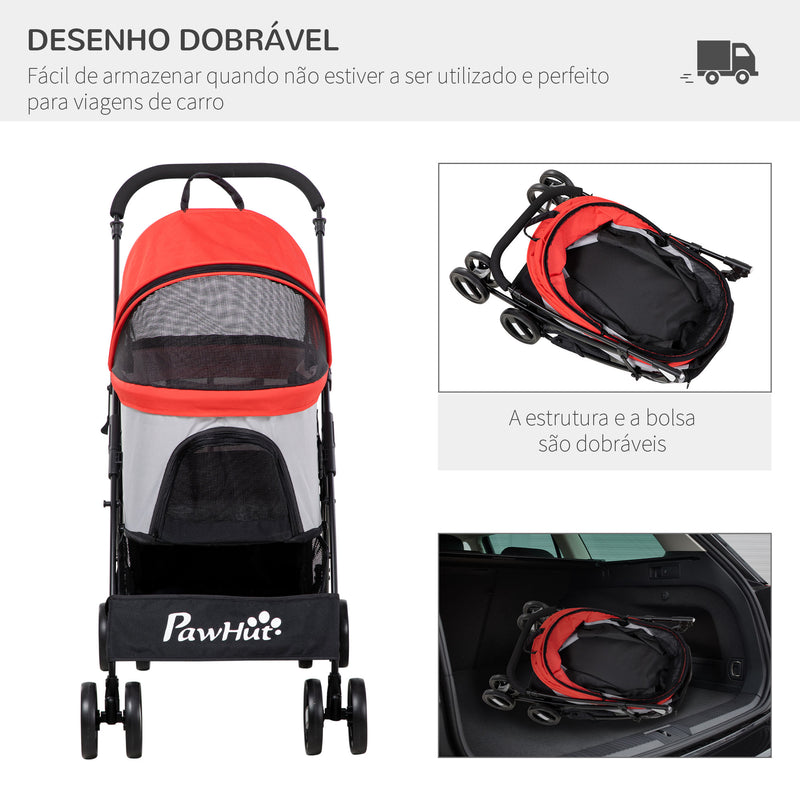 Carrinho para Animais de Estimação 3 em 1 Carrinho para Cães e Gatos Dobrável com Bolsa de Transporte Cesta de Armazenamento e Travão Tecido de Oxford 600D Carga Máxima 15kg 82x49,5x98cm Vermelho