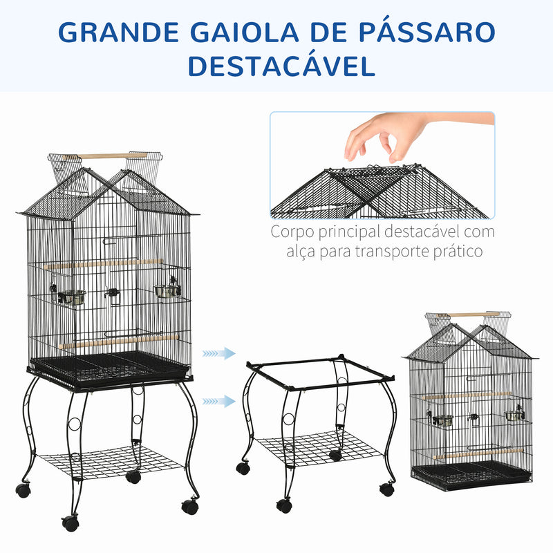 Gaiola para Pássaros com Suporte Rodas Bandeja Amovível 2 Comedouros e Prateleira Inferior de Metal para Canários Periquitos Tentilhões 50x58x145 cm Preto