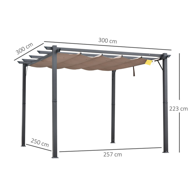 Pérgola de Jardim 3x3 m com Toldo de Poliéster Retrátil e Estrutura de Alumínio para Exterior Pátio Cinza e Marrom