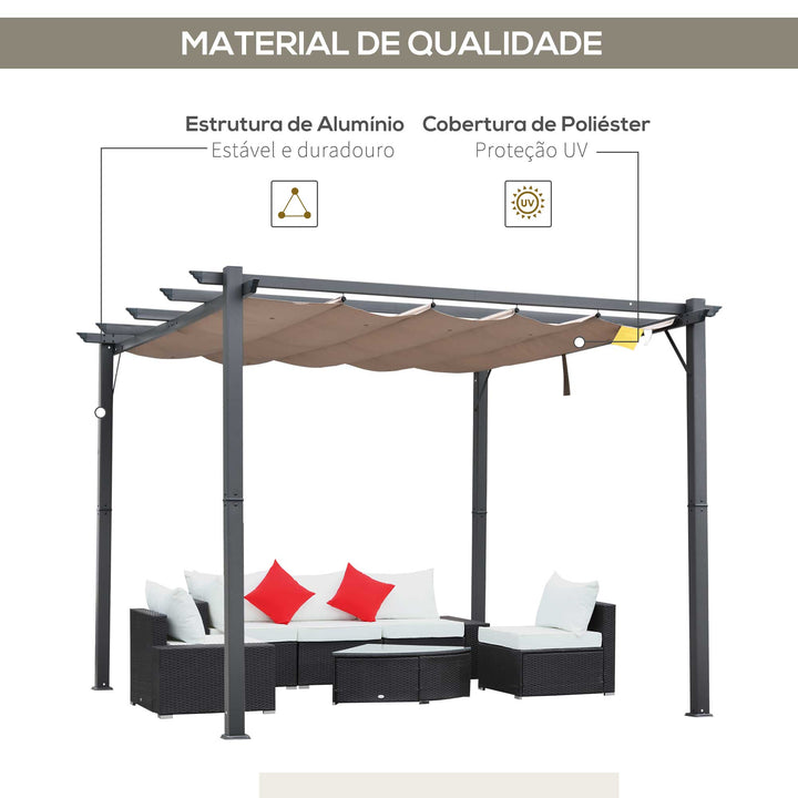 Pérgola de Jardim 3x3 m com Toldo de Poliéster Retrátil e Estrutura de Alumínio para Exterior Pátio Cinza e Marrom