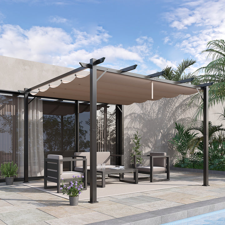 Pérgola de Jardim 3x3 m com Toldo de Poliéster Retrátil e Estrutura de Alumínio para Exterior Pátio Cinza e Marrom