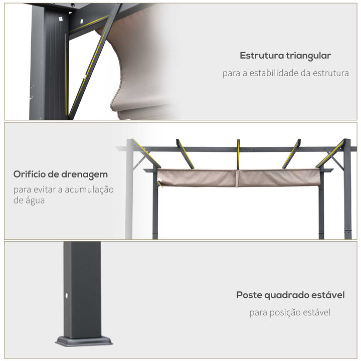 Pérgola de Jardim 3x3 m com Toldo de Poliéster Retrátil e Estrutura de Alumínio para Exterior Pátio Cinza e Marrom