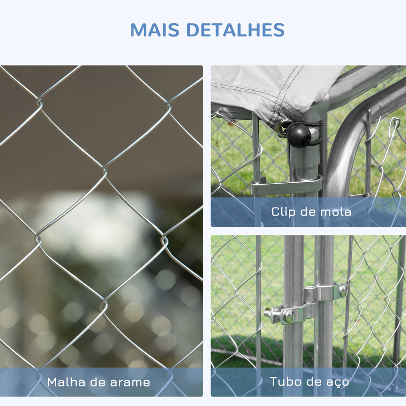 Canil de Exterior com Toldo Gaiola para Cães Animais de Estimação de Metal Galvanizado com Fechadura para Jardim Pátio 230x230x175cm Prata