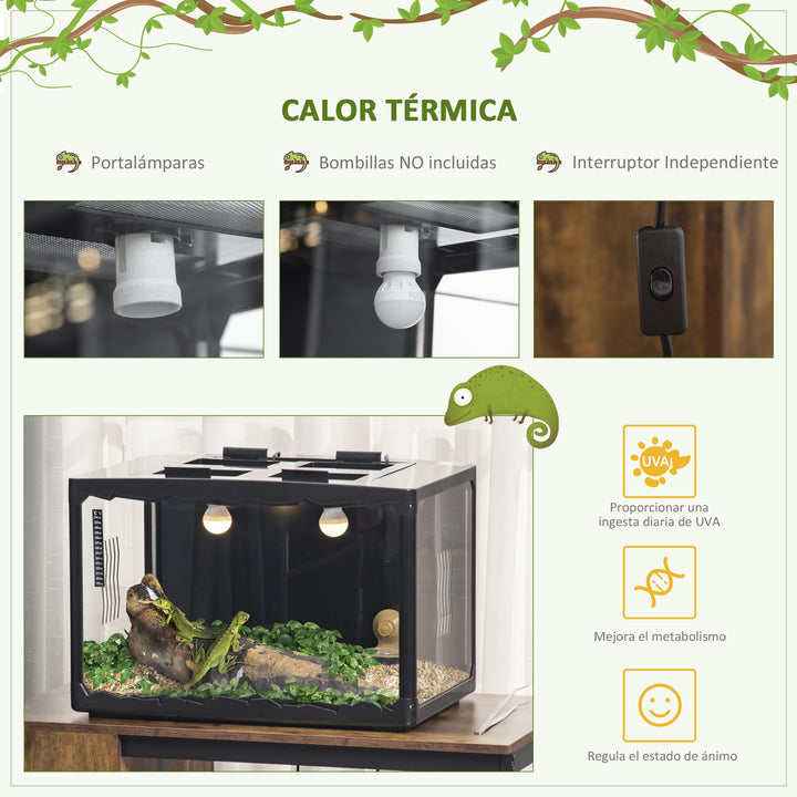 Terrário para Reptéis Terrário para Insetos de Acrílico com Comedouro Termômetro 2 Suportes para Lâmpada E27 e Interruptor para Largato Camaleão 60x40x40,5cm Preto