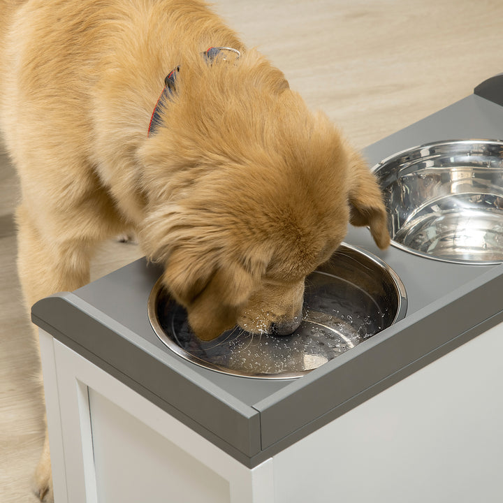 Comedouro Elevado para Cães Comedouro para Cães com 2 Tigelas 2000ml de Aço Inoxidável Gaveta Oculta com Suporte de Madeira para Animais de Estimação 60x30x36cm Branco