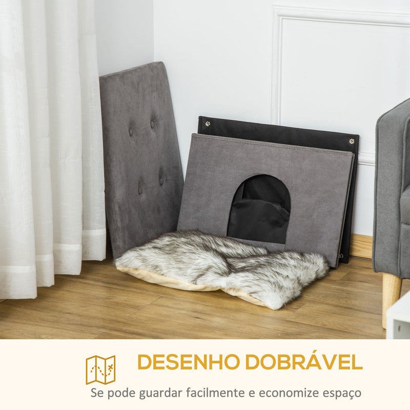 Caverna para Gatos Dobrável 2 em 1 Banco para Apoio dos Pés com Tampa Removível Orifício de Entrada Almofada Lavável e Pés Elevados de Madeira para Interior 60x45x44,5cm Cinza