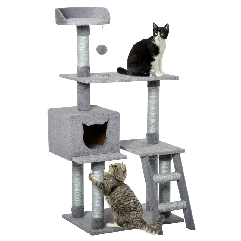 Árvore Arranhadora para Gatos Torre de Escalada com Plataformas Escada Caverna Postes de Juta e Bola Suspensa 60,5x40x124cm Cinza