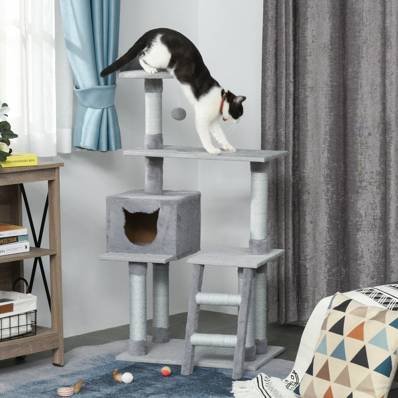 Árvore Arranhadora para Gatos Torre de Escalada com Plataformas Escada Caverna Postes de Juta e Bola Suspensa 60,5x40x124cm Cinza