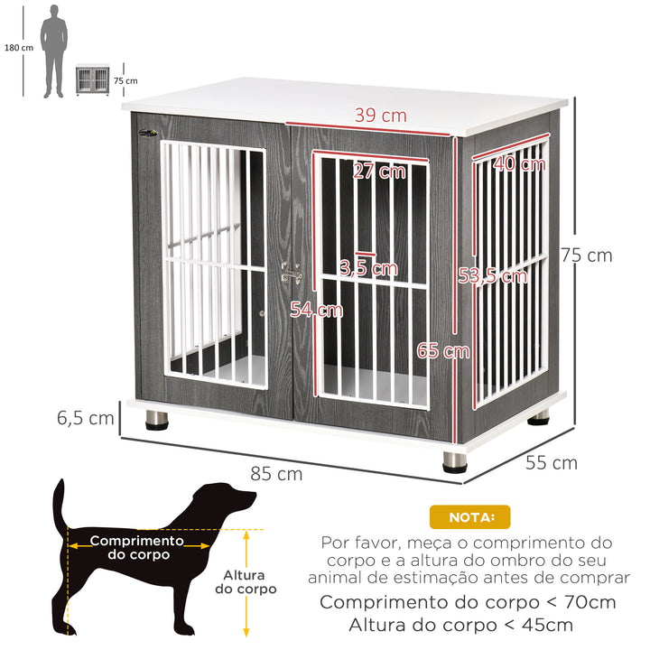 Gaiola para Cães de Madeira Mesa Auxiliar com Bancada de Armazenamento 2 Portas com Fechadura e Grades de Aço Gaiola para Cães de Interior 85x55x75cm Cinza