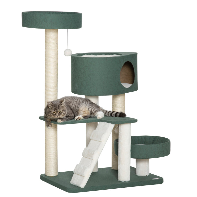 Árvore Arranhador para Gatos Altura 114cm Arranhador para Gatos com 2 Camas Caverna Rede Plataforma Escada Bolas Suspensas e Postes de Sisal 70x50x114cm Verde