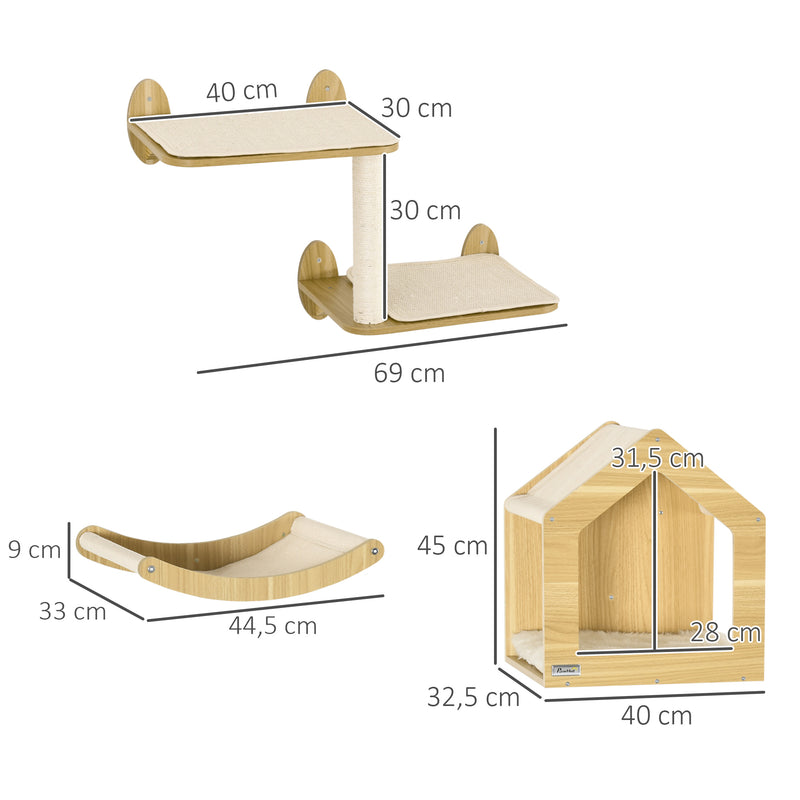 Prateleiras de Parede para Gatos 3 Peças Conjunto de Prateleiras de Escalada para Gatos com Caverna Rede Plataforma e Poste de Sisal Carvalho