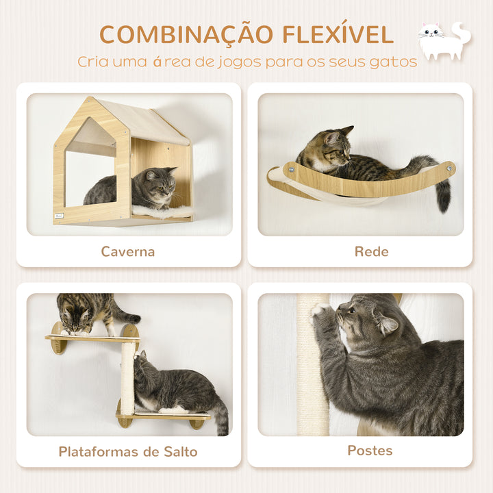 Prateleiras de Parede para Gatos 3 Peças Conjunto de Prateleiras de Escalada para Gatos com Caverna Rede Plataforma e Poste de Sisal Carvalho