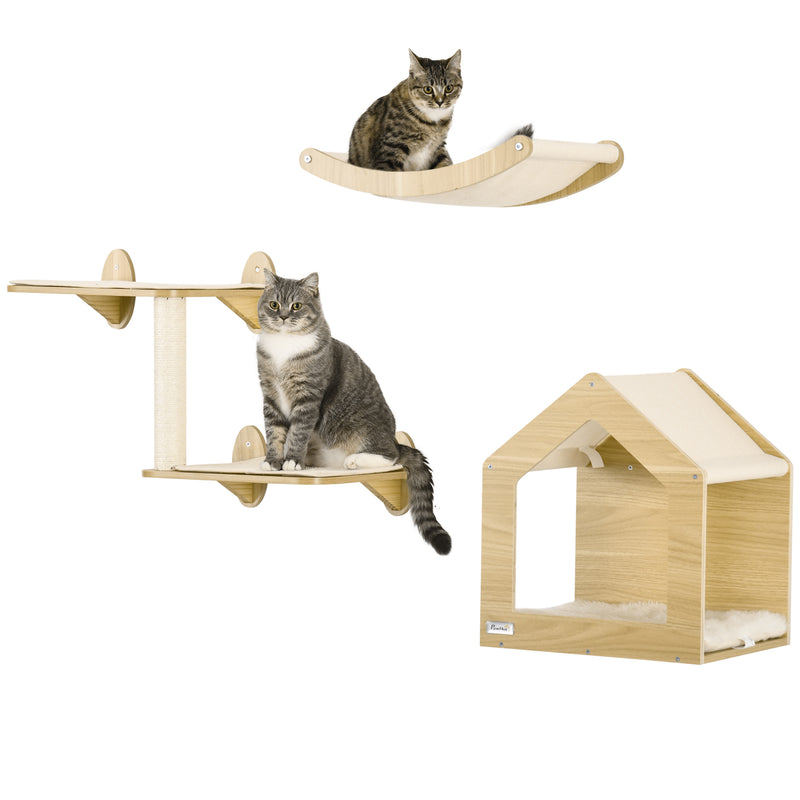 Prateleiras de Parede para Gatos 3 Peças Conjunto de Prateleiras de Escalada para Gatos com Caverna Rede Plataforma e Poste de Sisal Carvalho