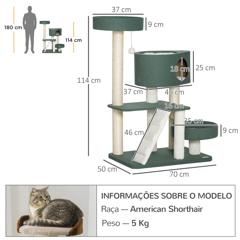 Árvore Arranhador para Gatos Altura 114cm Arranhador para Gatos com 2 Camas Caverna Rede Plataforma Escada Bolas Suspensas e Postes de Sisal 70x50x114cm Verde