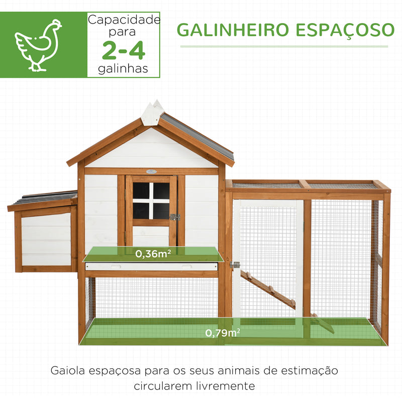 Galinheiro de Madeira para Exterior 181x79,5x117,5cm Galinheiro para 2-4 Galinhas com Teto Resistente à Água Cercado de Metal 2 Poleiros Ninho Bandeja Amovível e Rampa Madeira