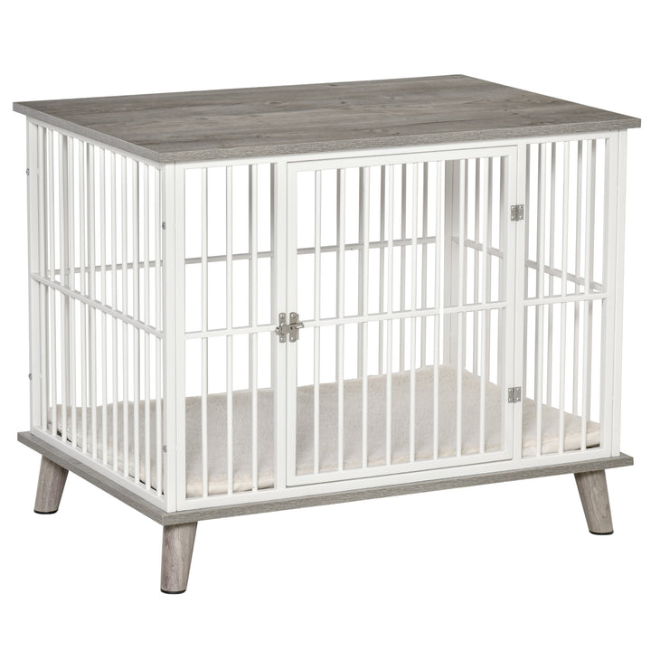 Gaiola para Cães de Madeira 86x60x70cm Gaiola para Cães com Bancada de Armazenamento Porta com Trave Pés Elevados Grade de Aço Branca